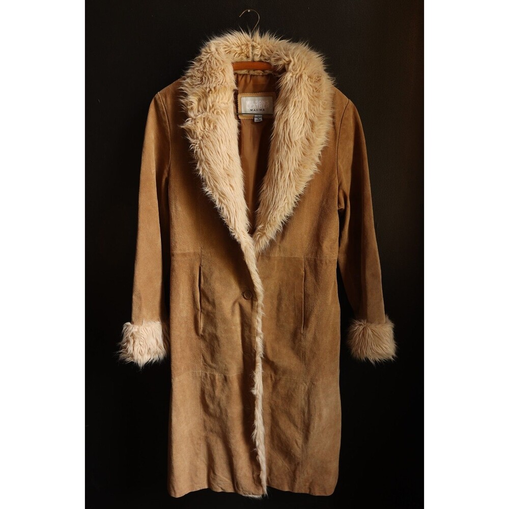 Vintage 90s Y2K Wilsons Leather Tan Faux Fur Trim Penny Lane Trench Coat Boho L